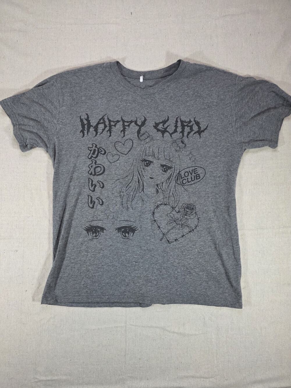 Happy Sad Love Club Women's Medium Gray Anime Graphic T-Shirt Kawaii Y2K Goth